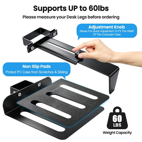 No Sweat Under Desk PC Tower Mount With Quick Clamp On Install Rock Solid Adjustable Computer Stand with non-slip pads and adjustment knob.