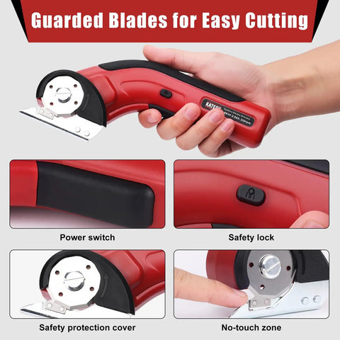 Katerk Cordless Electric Cardboard Cutter 4.4V High Torque Scissors For Crafters And Movers Easy Cut Thru Corrugated Box Recycling Tool showing guarded blades and safety features.