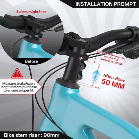 Bike Stem Riser Extender For 1 1/8 Inch Fork 28.6mm installation before and after on blue bike with 90mm riser