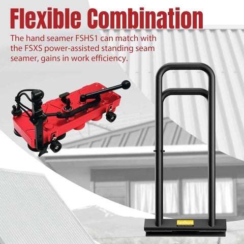 Heavy Duty Hand Seamer for Standing Seam Roofing with power-assisted seamer, dual-stage tool for 90° and 180° seams, on metal roof.