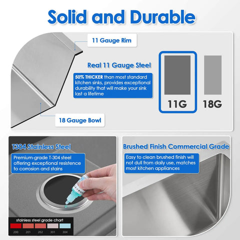 Features of Undermount Single Bowl Kitchen Sink 18 Gauge 304 Stainless Steel with 11 Gauge Rim and brushed finish