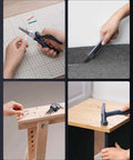 HOTO 40-Piece Tool Kit; close-up of wire-cutting pliers cutting insulated wires.
HOTO 40-Piece Tool Kit; side view of utility knife trimming carpet edge.
HOTO 40-Piece Tool Kit; front view with hex keys and accessories on a workbench.
HOTO 40-Piece Tool Kit; installed view of hammer on a wooden board.