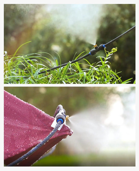 Automatic Misting Cooling System With Timer For Outdoor Patio And Garden, 46 Foot Misting Line, 10 Brass Nozzles spraying mist
