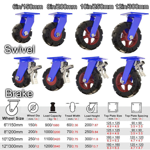 Badass Heavy Duty Industrial Casters Set Of Four Durable Rubber Swivel Wheels With Dual Locking Brakes Double Ball Bearing Smooth 360 Spin Tough Steel Frame For Workshop Gear And Rolling Furniture in four sizes.