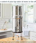 Gravity-Fed Stainless Steel Countertop Water Filter System 2.25 Gallon With BB9-2 Filters in kitchen setting, no electricity needed.