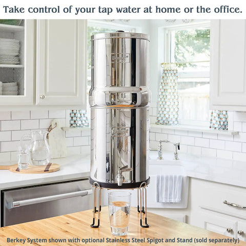Gravity-Fed Stainless Steel Countertop Water Filter System 2.25 Gallon With BB9-2 Filters in kitchen setting, no electricity needed.
