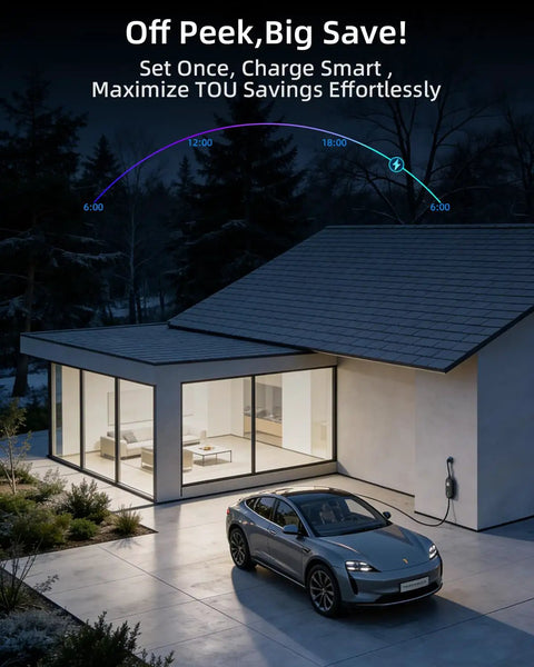 Portable Level 1 And Level 2 EV Charger with 16A output, charging electric car outside a modern home at night