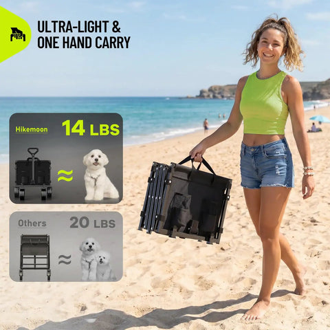 Person carrying 34 Inch Extra Long Collapsible Wagon With All Terrain Wheels 360 Lb Heavy Duty Cart on a beach