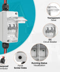 Heavy Duty Solar Disconnect Switch 1000V 30Amp DC Breaker Box Featuring Hella Weatherproof IP65 Housing, with transparent panel and waterproof connector.