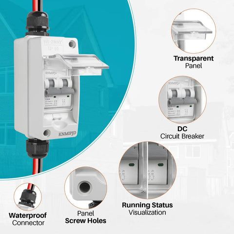 Heavy Duty Solar Disconnect Switch 1000V 30Amp DC Breaker Box Featuring Hella Weatherproof IP65 Housing, with transparent panel and waterproof connector.
