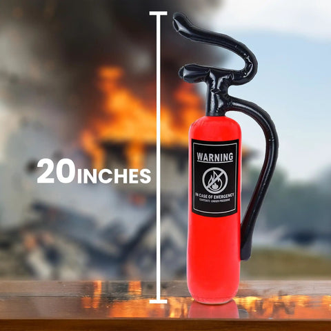 20-inch red Inflatable Fire Extinguisher Prop For Firefighter Costumes And Themed Parties, safe play decor shown on table.