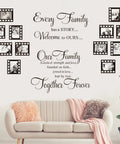 Circle Family Wall Decals 12 Piece Photo Frame Set Cozy Living Room Vibe Our Family Is A Circle And Every Family Has A Story Black Wall Art Easy Peel And Stick Family Portrait Decor displayed above a sofa in a living room.