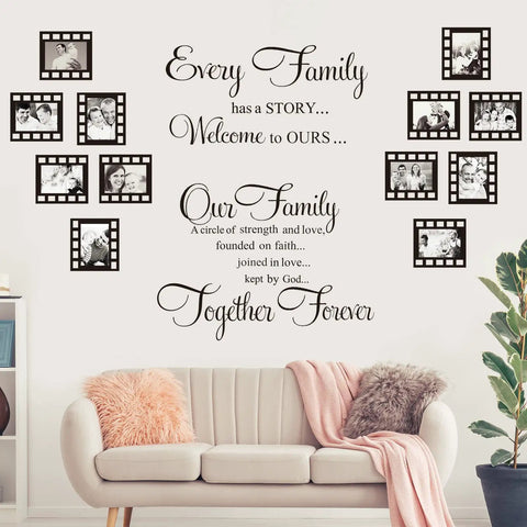 Circle Family Wall Decals 12 Piece Photo Frame Set Cozy Living Room Vibe Our Family Is A Circle And Every Family Has A Story Black Wall Art Easy Peel And Stick Family Portrait Decor displayed above a sofa in a living room.