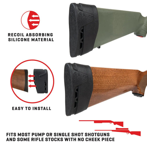 Image showing two rifles with the Recoil Eraser II Slip-On Pad For Medium Firearms A Comfortable Black Cushion That Fits Most Rifles And Semi Auto Shotguns Includes A Size Gauge Chart To Help You Nail The Right Fit, illustrating silicone material and easy installation.