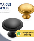 18 Pack Matte Black Cabinet Knobs And Drawer Pulls, 30mm Diameter, shown with gold option for kitchen cabinets, easy install gear