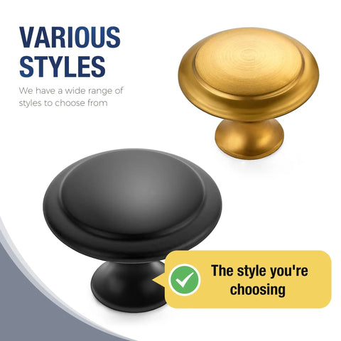 18 Pack Matte Black Cabinet Knobs And Drawer Pulls, 30mm Diameter, shown with gold option for kitchen cabinets, easy install gear