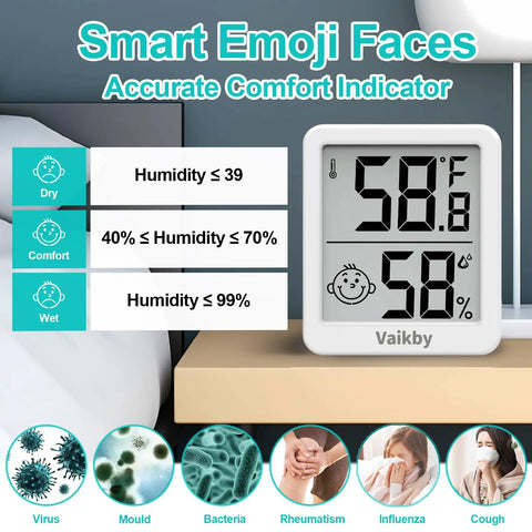 3 Pack Indoor Humidity Meter Hygrometer With Digital Room Thermometer For Home And Nursery, Accurate Temperature And Humidity Readings, Emoji Display For Easy Comfort Tweaks, Ideal Humidity Sensor For Baby Room, white digital unit on bedside table