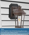 Outdoor Vinyl Siding Light Mounting Block With Built In Electrical Box Paintable Black Mounting Plate Kit For One Half Inch Siding UV Rated Plastic No Fuss DIY Install In Minutes One Pack shown with brown lantern