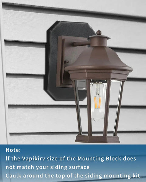 Outdoor Vinyl Siding Light Mounting Block With Built In Electrical Box Paintable Black Mounting Plate Kit For One Half Inch Siding UV Rated Plastic No Fuss DIY Install In Minutes One Pack shown with brown lantern