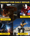 Four images showing uses of Dual Voltage 200A MIG Welder Six In One Multi Process Beast for vehicle, metal, ship, and home welding.