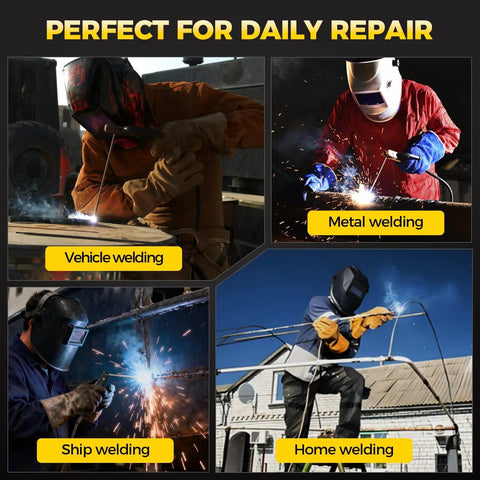 Four images showing uses of Dual Voltage 200A MIG Welder Six In One Multi Process Beast for vehicle, metal, ship, and home welding.