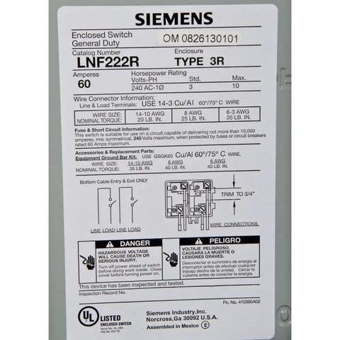 Label on 60 Amp Non Fusible Safety Switch Heavy Duty Single Phase Two Pole 240 Volt With Quick Break Mechanism 10,000 AIC Max 10 HP Max Bottom Cable Entry No Hub Provisions Padlockable Cover Copper Or Aluminum Lugs Silver Plated