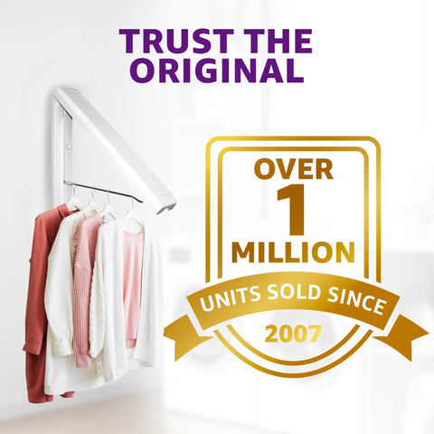 Collapsible Laundry Rack For Small Spaces That Mounts On Wall Or Door, Holds Up To 60 Lbs, Heavy Duty Over The Door Hanger displayed with clothes