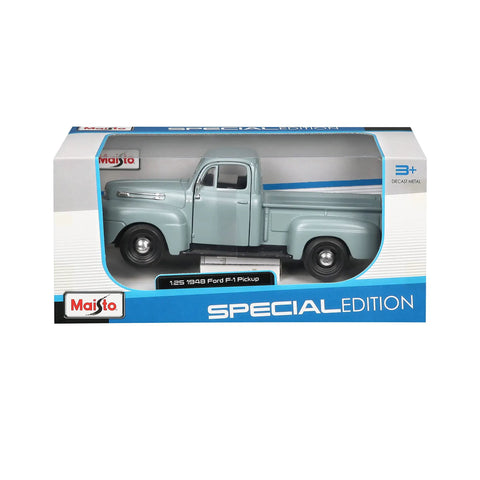 Vintage Ford 1948 F1 Pickup Diecast Model 1 25 Scale Gray Special Edition in packaging showcasing diecast metal body
