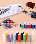 Handheld Sewing Machine With Elegant Wooden Box And 153 Piece Kit, Portable Cordless Mini Sewing Tool with power adapter and threads
