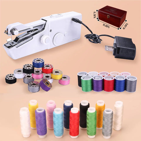 Handheld Sewing Machine With Elegant Wooden Box And 153 Piece Kit, Portable Cordless Mini Sewing Tool with power adapter and threads