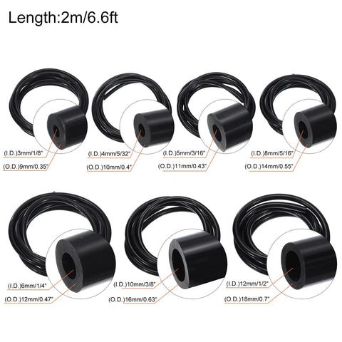 Silicone Vacuum Tubing Hose With Inner Diameters From One Eighth Inch To One Half Inch, 6.6 Ft Black High Temperature Engine Vacuum Hose For Air Liquid And Oil Lines, Durable One Eighth Inch Wall Thick Tubing in various sizes showing length and diameter markings.
