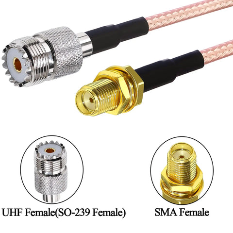 2 Pack RG316 Coax Cable SMA Female to UHF SO239 6 Inch Pigtail Jumper Extension connectors close-up