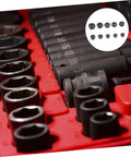 Close-up of 10-Piece Broken Nut Remover Set And Bolt Extractor Tools For Stubborn Nuts And Rusty Bolts Hex Socket Extractor