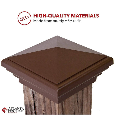 Brown 4x4 Pyramid Post Cap For Outdoor Fences And Decks, Fits 3.5x3.5 To 3.75x3.75 Posts, UV Stabilized Polymer on wood post