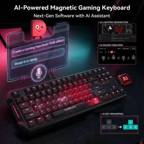 AI-powered mechanical gaming keyboard with vibrant RGB lighting and interactive software features.