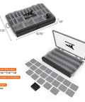 Open HyperSeal Waterproof Tackle Box For 3600 And 3700 Trays With Removable Dividers, Black, showing dimensions and dividers