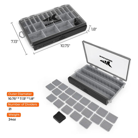 Open HyperSeal Waterproof Tackle Box For 3600 And 3700 Trays With Removable Dividers, Black, showing dimensions and dividers