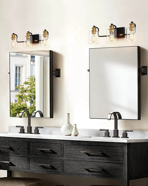 Black 3 Light Vanity Lights For Bathroom Modern Mid Century Wall Sconces With E26 Base and Touch Control above mirror