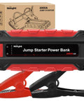 Hella Powerful 2000A Car Battery Jump Starter To Kickstart Your Ride Instantly with red and black design and clamps.