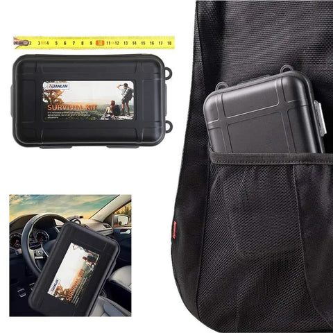 All In One 13 In 1 Survival Kit in compact black case with measuring tape, placed in car and bag for real outdoor adventures