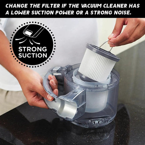 Person inserting PVF110 Replacement Vacuum Filter for Pivot Handheld Vacuums 20V Max into vacuum canister for easy fit.