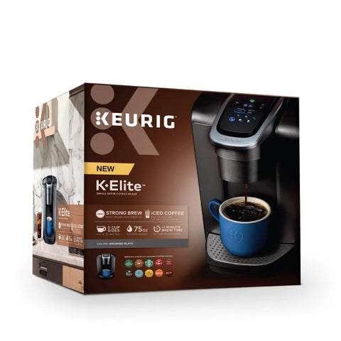 Kick Up Your Morning Routine With This Dope Single Serve Coffee Maker Featuring K Cup Compatibility Strong Brew And Iced Settings Programmable Temp Control Plus Multiple Cup Sizes In Solid Brushed Slate on the packaging with a brewing cup.
