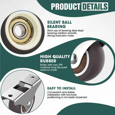 Product details highlights for 2 Inch Rubber Caster Wheels Set focusing on silent ball bearing, high-quality rubber, and easy installation.