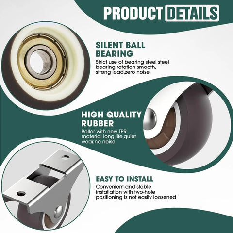 Built Different One Inch Mini Caster Wheels Four Pack Super Durable TPR Rubber Casters detailed bearings and installation features.