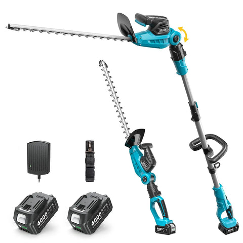 Pole And Cordless Hedge Trimmer 2-In-1 Electric Bush Trimmer With 20 Inch Dual-Action Blade Telescopic Pole Adjustable Rotating Head