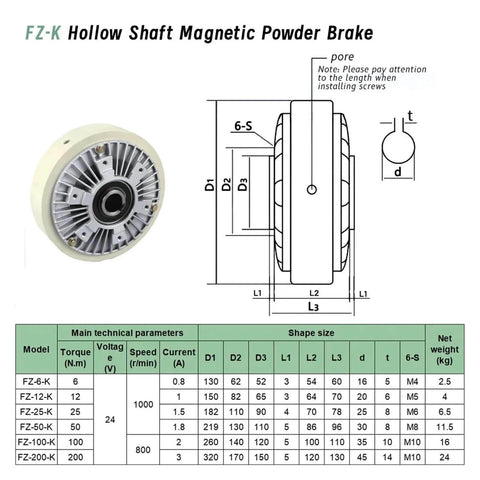 Diagram and specifications of FZ-K Hollow Shaft Magnetic Powder Brake for Magnetic Powder Brake Tension Controller Kit For Textile And Packaging Machines DC24V Single Or Hollow Shaft 6 12 50 100Nm Unwinding Torque Rock Solid Torque Stability Durable Alloy Powder SJ 180A Compatible