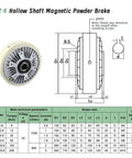 FZ-K Hollow Shaft Magnetic Powder Brake diagram with specifications and dimensions, including torque and speed details.