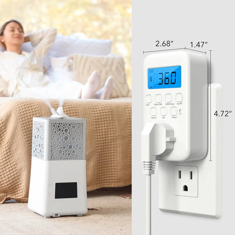 Plug In Watt Meter With Backlit LCD Display for Home Use Energy Consumption Monitor in use, measuring voltage beside a humidifier.