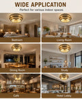Various indoor settings showcasing the 19” Boho Caged Ceiling Fan with Lights and Remote, 6-Speed Flush Mount.