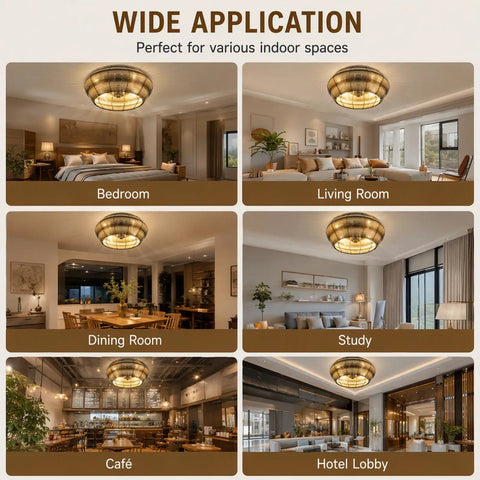 Various indoor settings showcasing the 19” Boho Caged Ceiling Fan with Lights and Remote, 6-Speed Flush Mount.